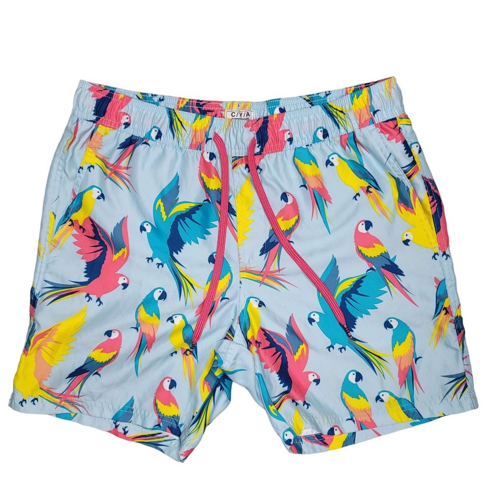 CYA Mens Tropical Parrots Volley Shorts Swim Trunks Board Shorts Blue Sz Large